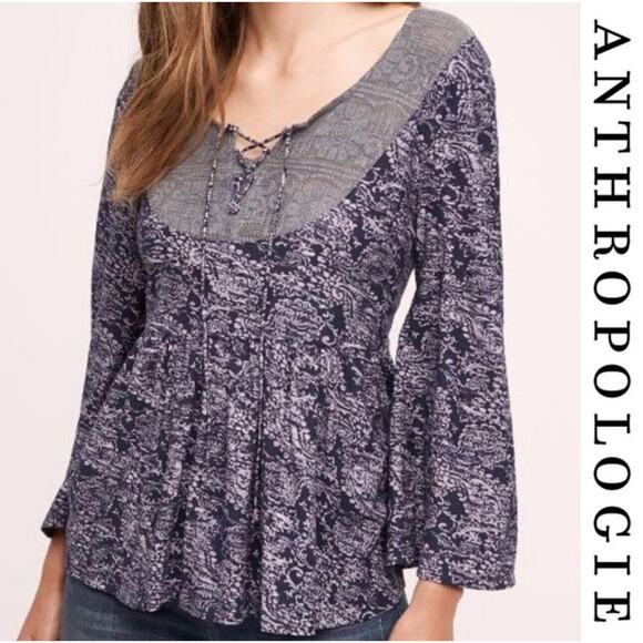 Anthropologie Akemi Kin Top M Marcella Lace Up Scoop Neck Boho Bell Sleeve - Picture 13 of 13
